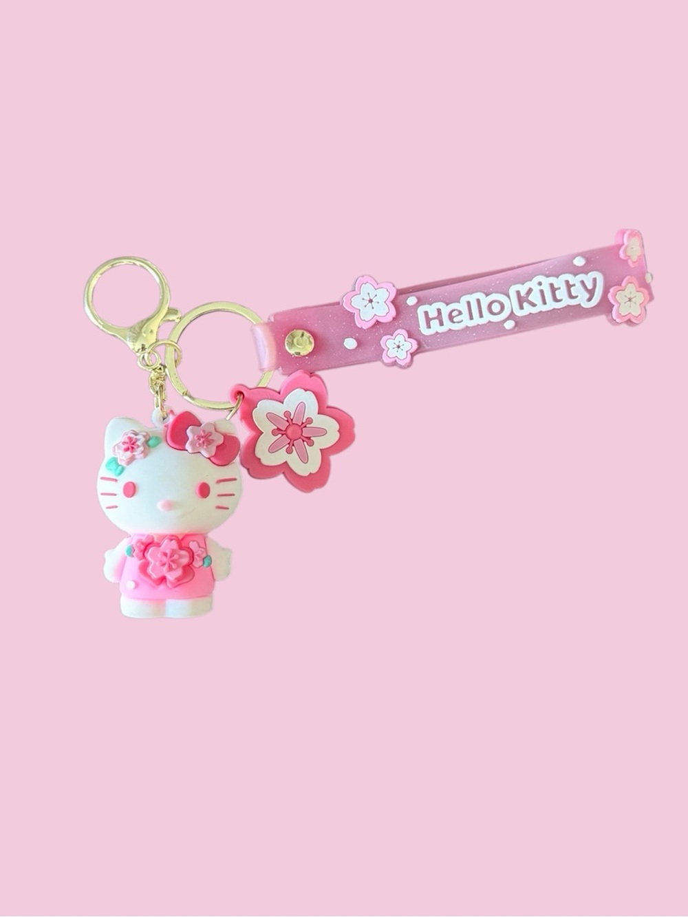Hello Kitty Pink Floral Charm Keychain – Cute Cherry Blossom Wristlet Bag Charm